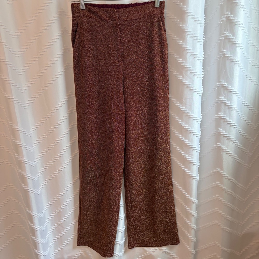 FRNCH Paris Womens Burgundy Gold Metallic Lurex Wide Leg Pants HW-CHC-24215 S